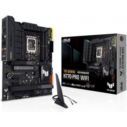 ASUS TUF GAMING H770-PRO WIFI, Socket 1700, 15Phases, Intel® H770 (13/12th Gen CPU), CPU graphics, HDMI, DP, Dual 4xDDR5-7200, 2xPCIe x16 4.0, 4xSATA3, RAID, 4xM.2 4.0, 1xV-M.2 (Key E), 2xPCIe x1, Realtek 7.1 HDA/, 2.5GbE LAN, WiFi6/BT, 1xUSB-C 3.2 Gen2x2